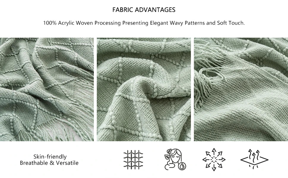 Battilo Plaid Knitted Throw Blanket Soft Woven Throws Sofa Blanket draped over a sofa arm.