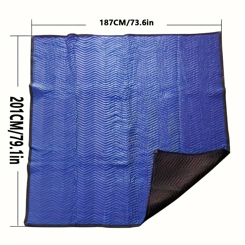 Mobile blanket-- heavy-duty packaging blanket folded, showcasing blue and black fabric textures.