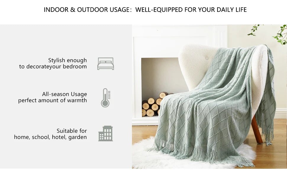 Battilo Plaid Knitted Throw Blanket Soft Woven Throws Sofa Blanket draped over a sofa arm.