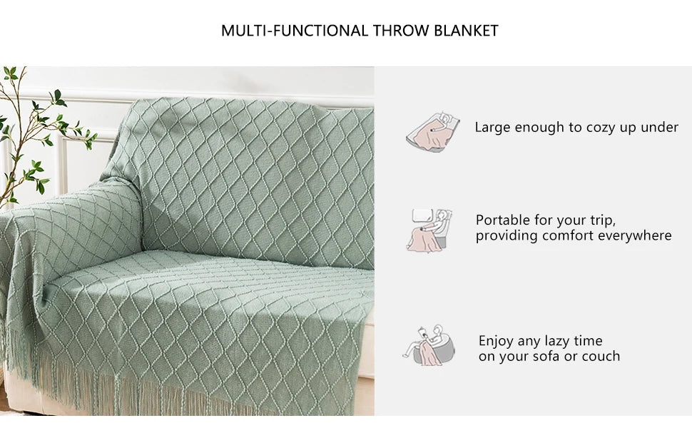 Battilo Plaid Knitted Throw Blanket Soft Woven Throws Sofa Blanket draped over a sofa arm.